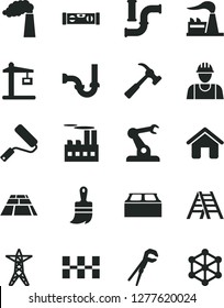 Solid Black Vector Icon Set - house vector, builder, adjustable wrench, new roller, wooden paint brush, ladder, sewerage, building level, ceramic tiles, block, paving slab, hammer with claw, factory