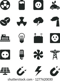Solid Black Vector Icon Set - lightning vector, power socket type b, storm cloud, coffee beans, marine propeller, charge level, solar panel, manufacture, accumulator, bulb, hydroelectric station