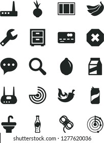 Solid Black Vector Icon Set - repair key vector, mark of injury, magnifier, bedside table, window frame, washbasin, hawser, speech, package, chili, beet, soda can, bottle, bananas, lime, router