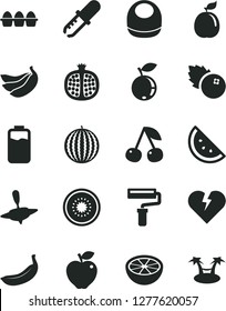 Solid Black Vector Icon Set - paint roller vector, baby bib, small yule, broken heart, bundle of eggs, blueberries, orange slice, cherry, half pomegranate, red apple, blueberry, water melon, banana