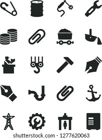 Solid Black Vector Icon Set - clip vector, open pin, winch hook, sewerage, gear, hammer, anchor, coins, barrel, power line, gas welding, steel repair key, production, trolley with coal, ink pen