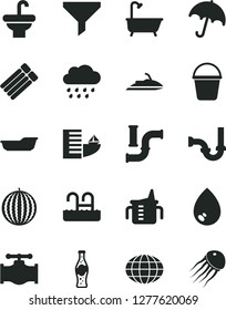 Solid Black Vector Icon Set - measuring cup for feeding vector, bath, rainy cloud, bucket, washbasin, sewerage, drop, umbrella, bottle of soda, water melon, valve, pipes, filter, globe, hotel, pool