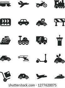 Solid Black Vector Icon Set - motor vehicle vector, Kick scooter, traffic signal, shipment, conveyor, environmentally friendly transport, electric, retro car, autopilot, Express delivery, helicopter