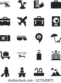 Solid Black Vector Icon Set - suitcase vector, case, sand castle, helicopter, dollar pin, bus, passenger, rolling, passport, plane ticket, hotel, beach, arnchair under umbrella, palm tree, pool