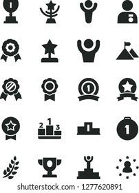 Solid Black Vector Icon Set - pedestal vector, medal, winner, laurel branch, podium, prize, award, star cup, reward, man with, mountain flag, first place, ribbon, hands up, stars around