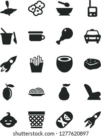 Solid Black Vector Icon Set - wicker pot vector, car child seat, tumbler, toy phone, children's sand set, deep plate with a spoon, potty, funny hairdo, small yule, onion, chicken leg, piece of meat