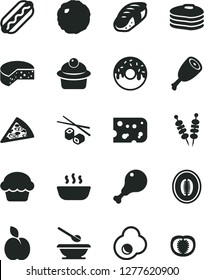 Solid Black Vector Icon Set - plates and spoons vector, piece of cheese, fried vegetables on sticks, pizza, Hot Dog, cake, muffin, glazed with a hole, porridge, chicken leg, thigh, cabbage, sushi