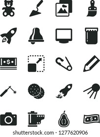 Solid Black Vector Icon Set - bell vector, camera, roll, open pin, teddy bear, building trowel, plastic brush, picture, artificial satellite, expand, jam, biscuit, part of guava, welding, pencil
