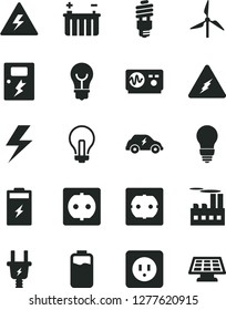 Solid Black Vector Icon Set - lightning vector, danger of electricity, incandescent lamp, bulb, power socket type b, f, dangers, charge level, charging battery, windmill, electric plug, transport