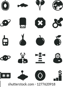 Solid Black Vector Icon Set - mark of injury vector, dummy, toy mobile phone, yule, colored air balloons, small fish, plum, blueberry, delicious, tasty, onion, planet, lighthouse, gpu card, saturn