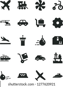 Solid Black Vector Icon Set - truck lorry vector, motor vehicle, baby toy train, child bicycle, big core, cardboard box, shipment, sea port, marine propeller, retro car, helicopter, plane, taxi
