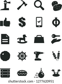 Solid Black Vector Icon Set - scribbled paper vector, magnifier, dollar, chest of drawers, small rocking horse, big core, drill, hammer with claw, fried vegetables on sticks, apple pie, cabbage