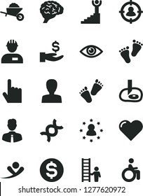 Solid Black Vector Icon Set - woman vector, footprints, children's tracks, workman, garden trolley, employee, heart, index finger, eye, man in sight, dollar, get a wage, dna, brain, winner stairway