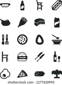 Solid Black Vector Icon Set - plates and spoons vector, a chair for feeding, child, iron fork, sausage, stick of, cheese, pizza, piece, Hot Dog, mini, burger, chicken, grill leg, barbecue, soda can