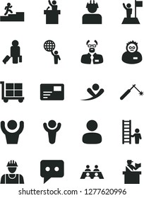 Solid Black Vector Icon Set - cargo trolley vector, builder, pass card, welding, man, think, conversation, scientist, winner, carrer stairway, hold world, with flag, ladder, hands up, speaker