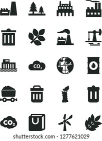 Solid Black Vector Icon Set - bin vector, bag with handles, apple stub, working oil derrick, wind energy, factory, hydroelectric station, forest, industrial building, thermal power plant, CO2, trash