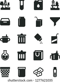 Solid Black Vector Icon Set - wicker pot vector, bin, mug for feeding, measuring cup, baby powder, e, packing of juice with a straw, dust, drawer, bag handles, popcorn, jam, sea port, round flask