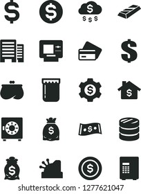 Solid Black Vector Icon Set - dollar vector, buildings, strongbox, jam, column of coins, denomination the, purse, dollars, cashbox, gold bar, money rain, coin, mortgage, bag, gear, atm, credit card