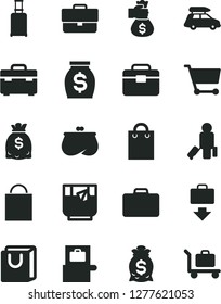 Solid Black Vector Icon Set - briefcase vector, paper bag, portfolio, suitcase, with handles, a glass of tea, cart, purse, money, dollars, hand, car baggage, passenger, rolling, scanner, getting