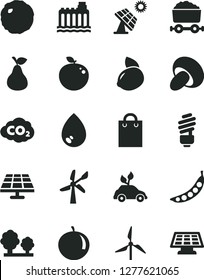 Solid Black Vector Icon Set - saving light bulb vector, drop, porcini, cabbage, pear, tangerine, yellow lemon, delicious apple, peas, solar panel, big, windmill, wind energy, hydroelectricity, trees