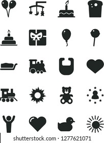 Solid Black Vector Icon Set - heart symbol vector, toys over the cradle, bib, baby duckling, teddy bear, toy train, children's, colored air balloons, balloon, cake, birthday, Easter, slice, giftbox