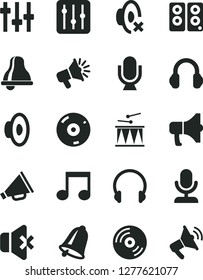 Solid Black Vector Icon Set - bell vector, horn, loudspeaker, silent mode, drumroll, headphones, microphone, CD, regulator, no sound, megaphone, pc speaker, note, settings