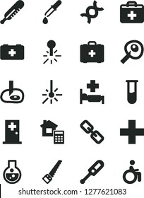 Solid Black Vector Icon Set - spectacles vector, first aid kit, plus, electronic thermometer e, mercury, bag of a paramedic, medical, arm saw, estimate, outdoor, flask, test tube, dna, pipette, room