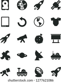 Solid Black Vector Icon Set - counterclockwise vector, t short, planet, Earth, billboard, rocket, tablet pc, hdd, telescope, satellite, antenna, lunar rover, flag on moon