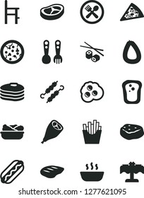 Solid Black Vector Icon Set - a chair for feeding vector, plastic fork spoons, stick of sausage, pizza, piece, Hot Dog, porridge, lettuce in plate, grill chicken leg, bacon, chop, meat on skewers