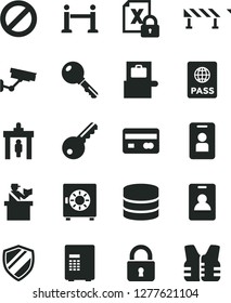 Solid Black Vector Icon Set - prohibition vector, road fence, lock, key, passport, strongbox, reverse side of a bank card, encrypting, big data, rope barrier, identity, security gate, surveillance