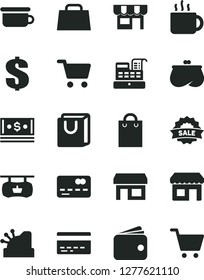 Solid Black Vector Icon Set - bank card vector, dollar, children's potty, bag with handles, kiosk, cup of tea, stall, shopping cart, antique advertising signboard, front the, wallet, purse, cash
