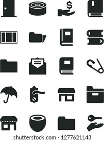 Solid Black Vector Icon Set - folder vector, open pin, e, books, window frame, door knob, ntrance, received letter, umbrella, canned goods, half of coconut, kiosk, stall, get a wage, book