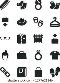 Solid Black Vector Icon Set - paper bag vector, spectacles, hat, comb, warm socks, Knitted, shoes for little children, winter, with handles, T shirt, folded, hanger, cloth industry, hand, glasses
