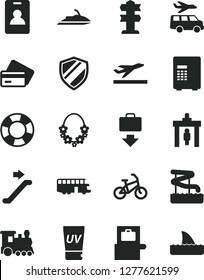 Solid Black Vector Icon Set - train vector, bus, bike, escalator, identity card, security gate, baggage scanner, getting, departure, credit, uv cream, hawaii wreath, aquapark, transfer, safe, shield