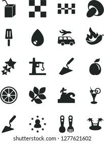 Solid Black Vector Icon Set - packing of juice with a straw vector, plastic fork spoons, trowel, building, tile, ceramic tiles, drop, porcini, popsicle, juicy lemon, guava, hot pepper, tower crane
