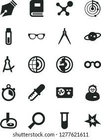 Solid Black Vector Icon Set - test tube vector, molecule, glasses, zoom, book, pipette, oscilloscope, scientist, drawing compass, artifical insimination, radar, earth core, saturn, stopwatch, bang