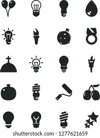 Solid Black Vector Icon Set - matte light bulb vector, colored air balloons, new roller, saving, drop, pomegranate, tasty cornels, energy, flame torch, flag on moon, gold ring, crown with cross