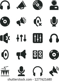 Solid Black Vector Icon Set - horn vector, loudspeaker, silent mode, drumroll, headphones, microphone, CD, regulator, no sound, operator, megaphone, pc speaker, settings