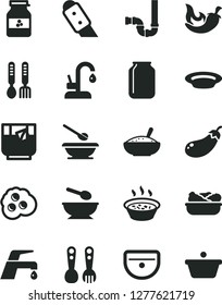 Solid Black Vector Icon Set - deep plate with a spoon vector, plates and spoons, plastic fork, iron, sink, siphon, knife, faucet mixer, kitchen, bowl of rice porridge, in saucepan, lettuce, chili