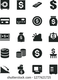 Solid Black Vector Icon Set - dollar vector, strongbox, coins, reverse side of a bank card, front the, column, recession, financial item, money, dollars, cash, cashbox, gold bar, bag hand, coin, atm