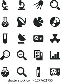Solid Black Vector Icon Set - magnifier vector, zoom out, negative histogram, artificial satellite, round flask, radiation, dish, antenna, ring diagram, pie charts, statistical research, test tube