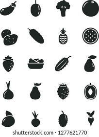 Solid Black Vector Icon Set - lettuce in a plate vector, cucumber, beet, pineapple, pear, raspberry, tasty, mulberry, delicious plum, passion fruit, yellow lemon, half of, grapefruit, ripe guava