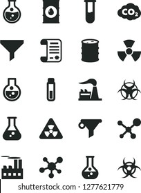 Solid Black Vector Icon Set - round flask vector, factory, oil, barrel, industrial building, carbon dyoxide, filter, water, research article, test tube, molecule, nuclear, biohazard