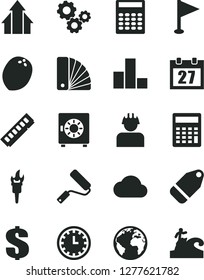 Solid Black Vector Icon Set - sign of the planet vector, daily calendar, clock face, dollar, calculator, pennant, bar chart, new roller, color samples, strongbox, label, coconut, builder, gears