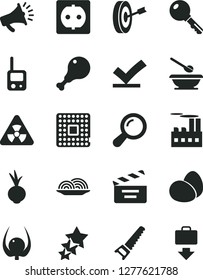 Solid Black Vector Icon Set - movie cracker vector, toy phone, plates and spoons, hand saw, key, eggs, onion, chicken leg, beet, physalis, power socket, industrial building, processor, horn, nuclear