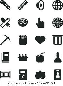Solid Black Vector Icon Set - heart symbol vector, loudspeaker, baby cot, writing accessories, dangers, stationery knife, index finger, earth, tin, ripe peach, half of orange, grapefruit, purse