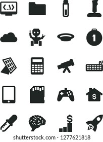 Solid Black Vector Icon Set - plate vector, tablet pc, keyboard, folder, coding, joystick, sd card, cloud, test tube, telescope, brain, pipette, calculator, robot, sun panel, first place medal