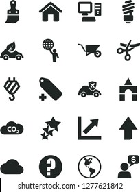 Solid Black Vector Icon Set - upward direction vector, add label, growth chart, question, box of bricks, house, hook, building trolley, plastic brush, saving light bulb, planet Earth, eco car, CO2