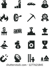 Solid Black Vector Icon Set - magnet vector, flame, scientist, satellite antenna, winner podium, award, star reward, motivation, purpose, medal, certificate, man with ladder, mine axe, column