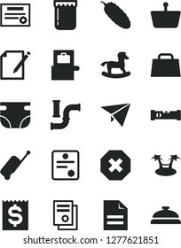 Solid Black Vector Icon Set - mark of injury vector, scribbled paper, nappy, small rocking horse, construction level, notes, cucumber, jam, water pipes, shopping basket, financial item, hand bag